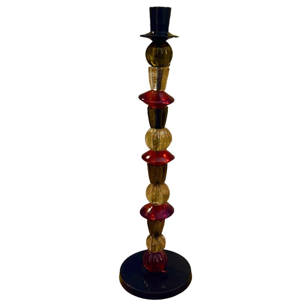 15" Candle Holder w/ Glass Beads Amber/Green/Beige